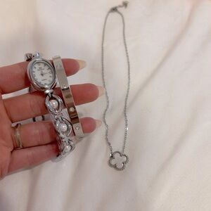 Vintage pearl watch, bangle, and necklace set